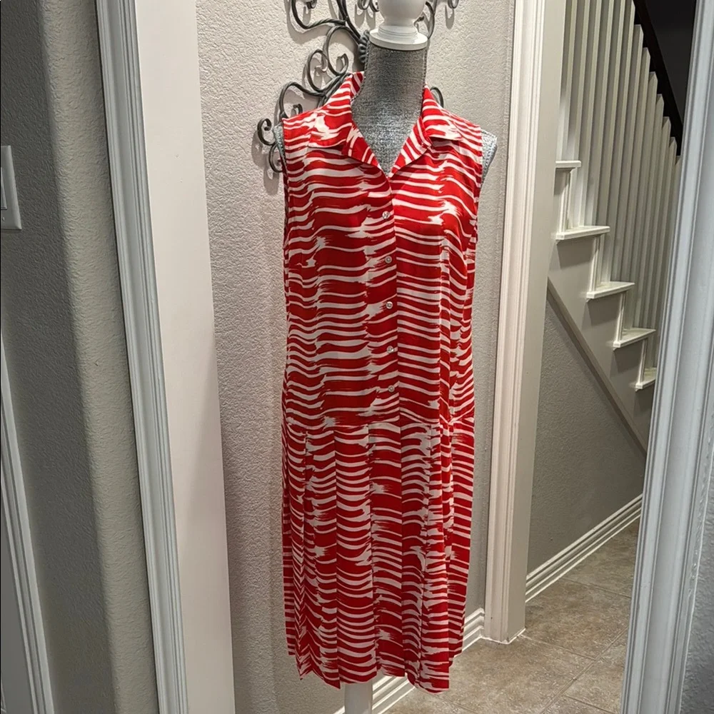 CAbi Red and White Striped Midi Pleated Bottom of Dress - Picture 1 of 5